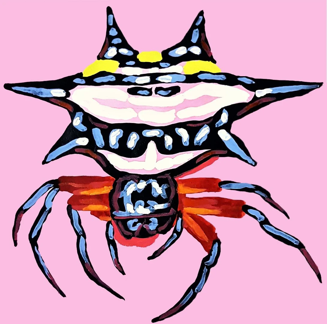 A thought-provoking surrealist pink spider ink piece that reimagines familiar subjects through a dreamlike and often satirical lens.