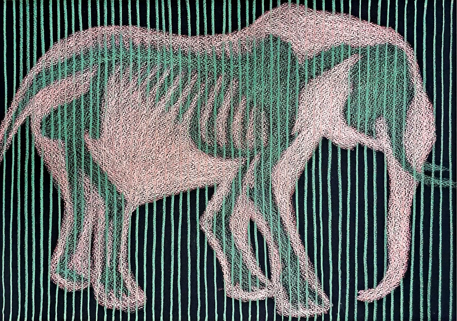 Contemporary animal skeleton portrait of an elephant using optical stripe patterns. Minimalist yet vibrant Pop Art style, striped drawing. Unique wildlife art for modern nurseries, luxury homes, and eclectic collections. Hand-painted by Roi Pajursky.