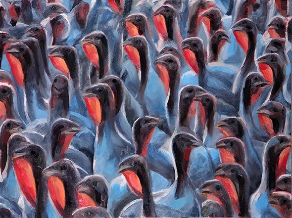 A rhythmic oil painting fragment inspired by wild turkey feathers, featuring repetitive patterns and a cool blue and red color palette.