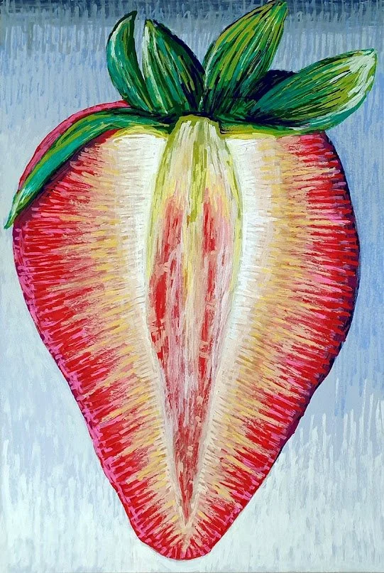Surrealist illustration of a red strawberry. A provocative piece exploring themes of mystery and the subconscious.