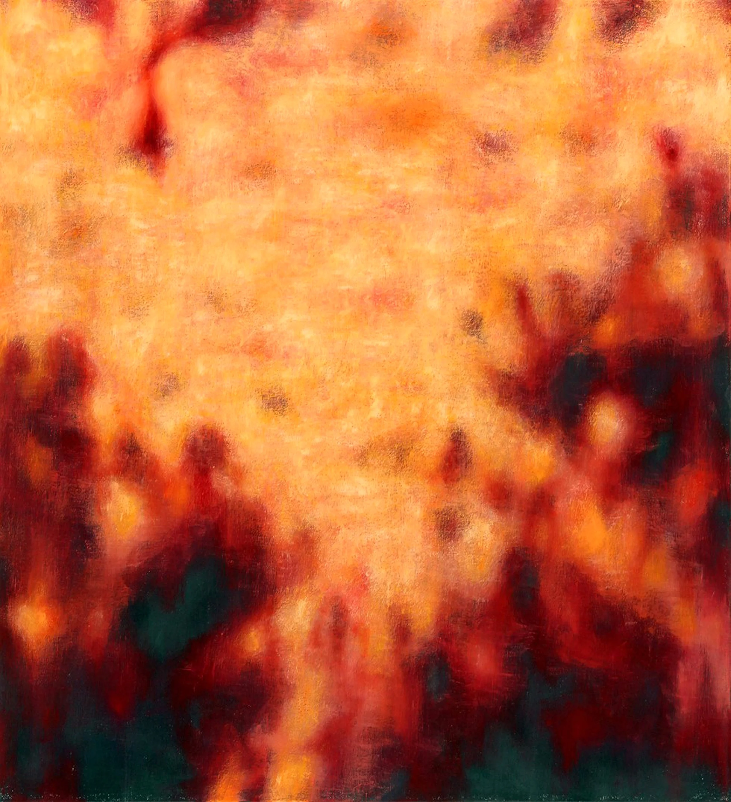 A vibrant abstract oil painting fragment featuring ethereal red and yellow light patterns against a deep, dark background.