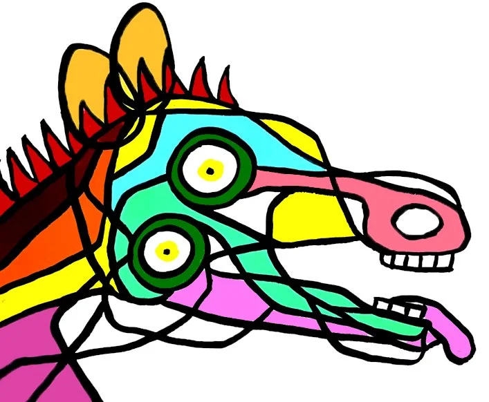 A profile view of a shouting horse , where orange tones and jagged lines emphasize the raw energy of the expression.