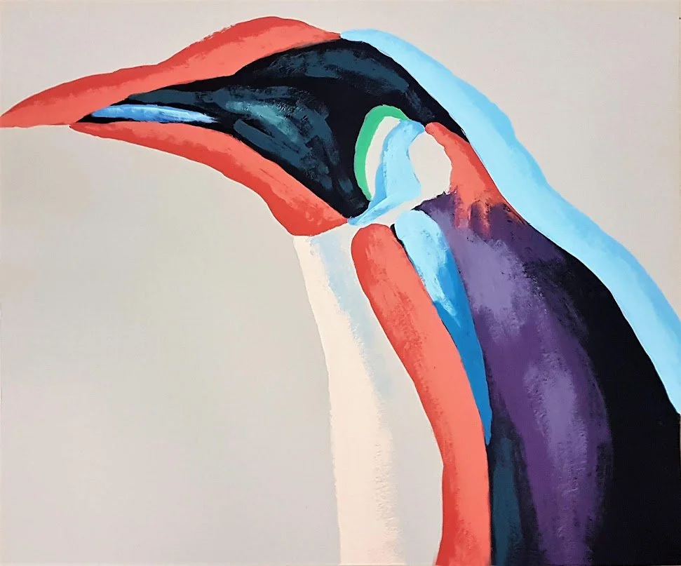 Modern penguin acrylic painting, stylized polar bird art - Roi Pajursky.