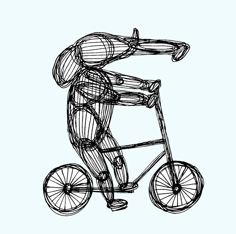 A detailed pen and ink drawing of a biking elephant, highlighting the texture and form of the amphibian in a classic sketch style.