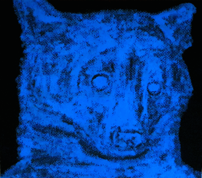 An abstract design of a geometric bear in blue, combining architectural lines with artistic flair.