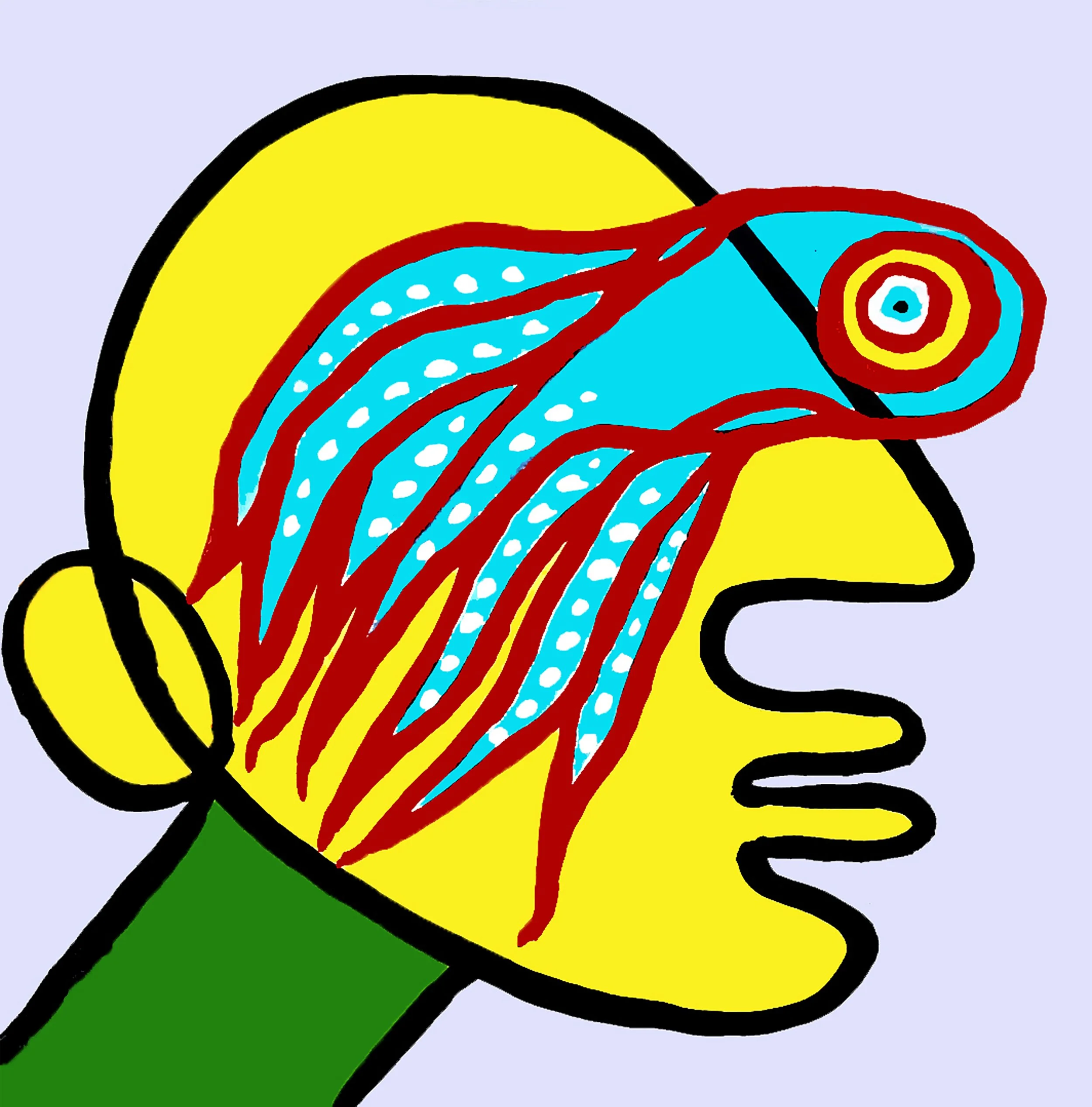 A human-octopus hybrid face composed of warm red segments and complex linear patterns.