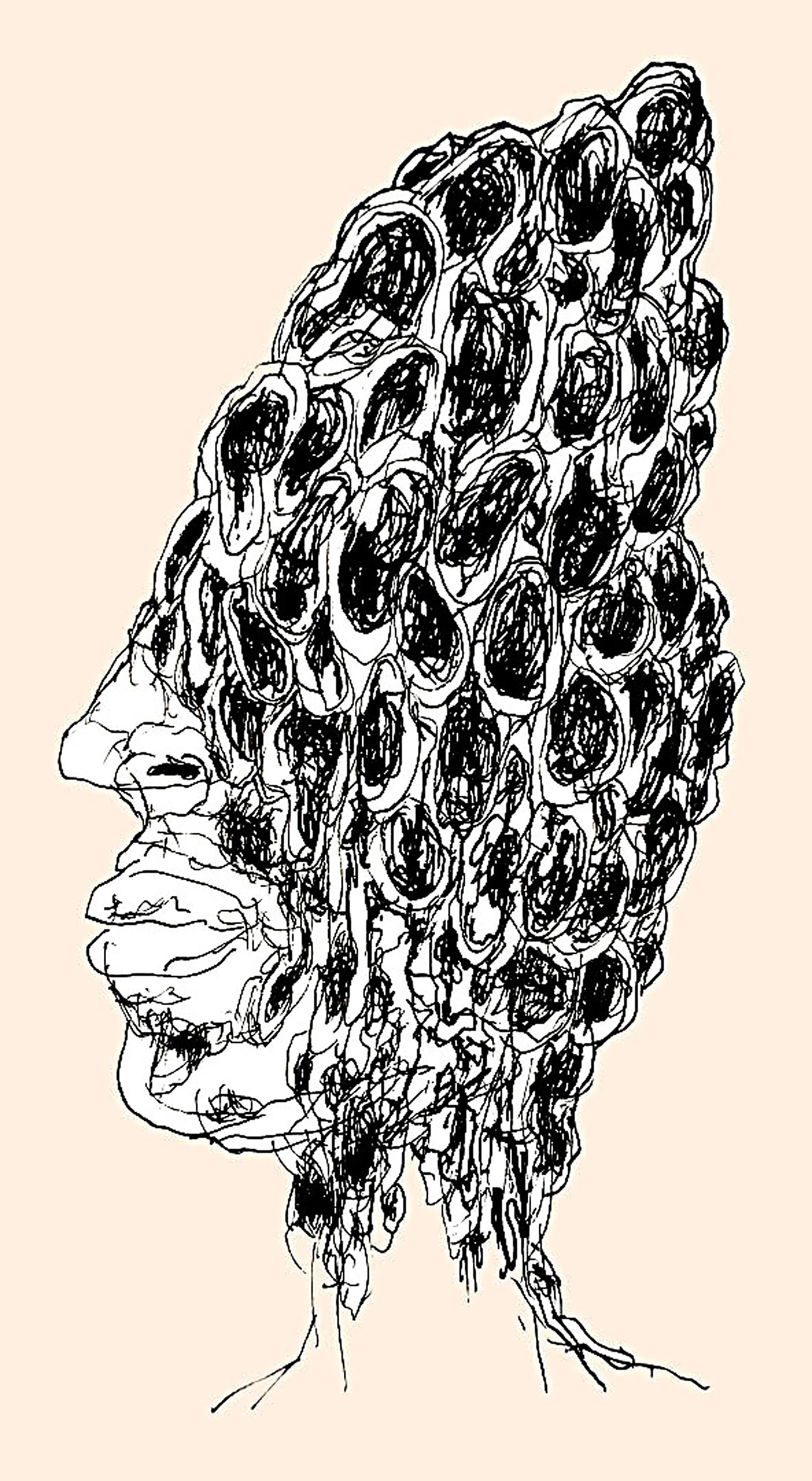 An abstract ink illustration of a mysterious mushroom creature, focusing on dense line work and expressive textures.