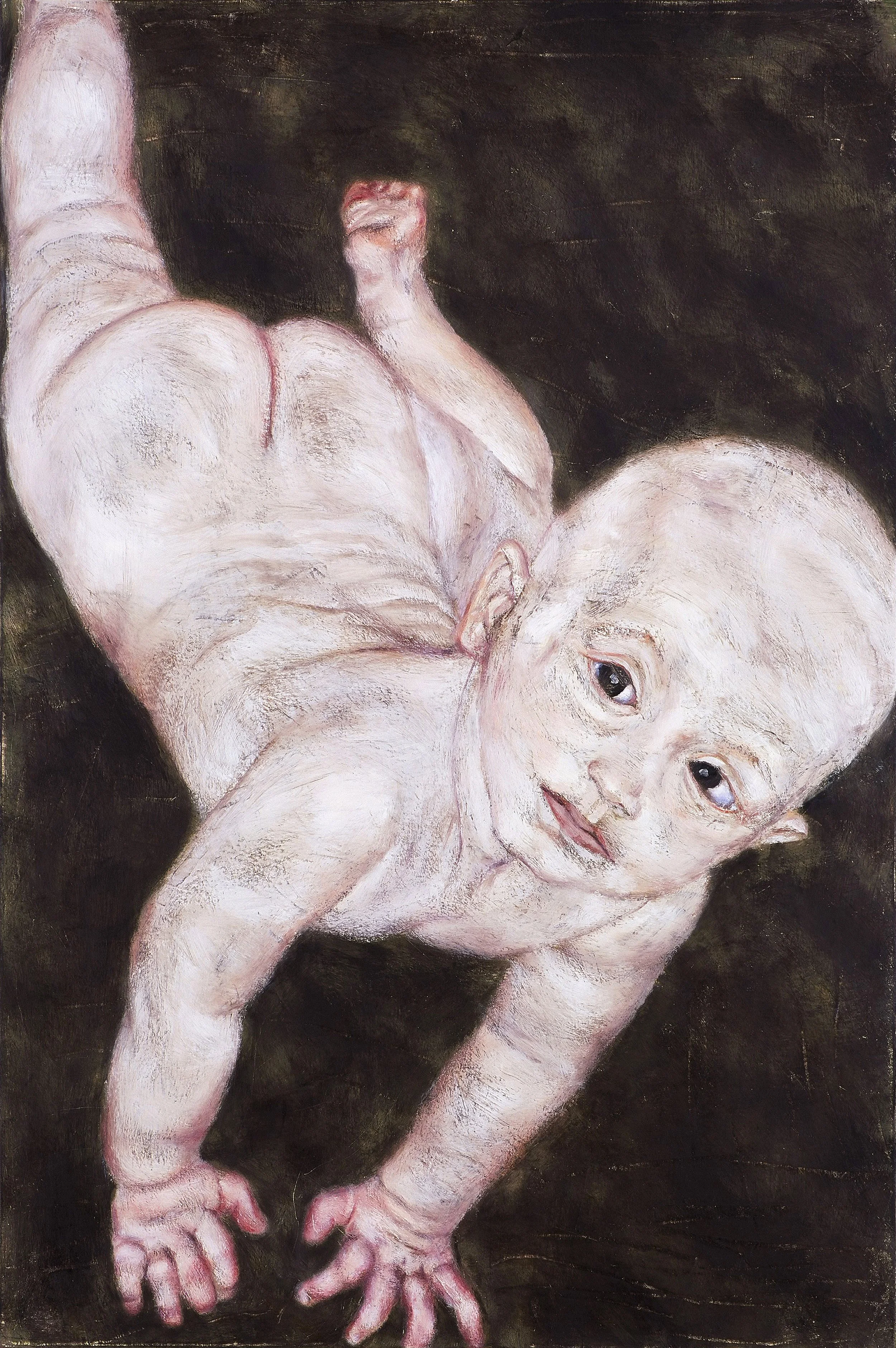 An evocative oil on canvas piece depicting a baby figure in a symbolic and structured position