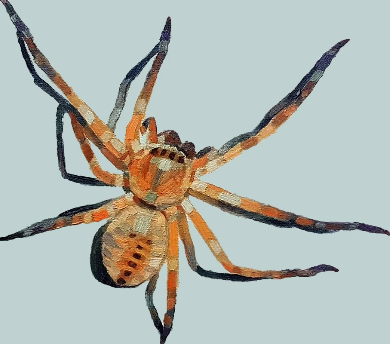A detailed oil painting of a brown spider, showcasing intricate leg structures and a realistic sense of depth.