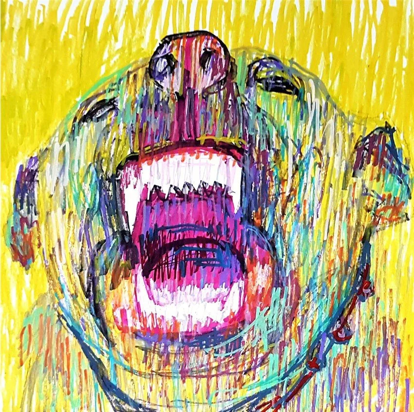 A powerful abstract expressionist painting of a roaring yellow dog. This artwork uses vibrant yellow and purple tones to convey raw emotion and energy.