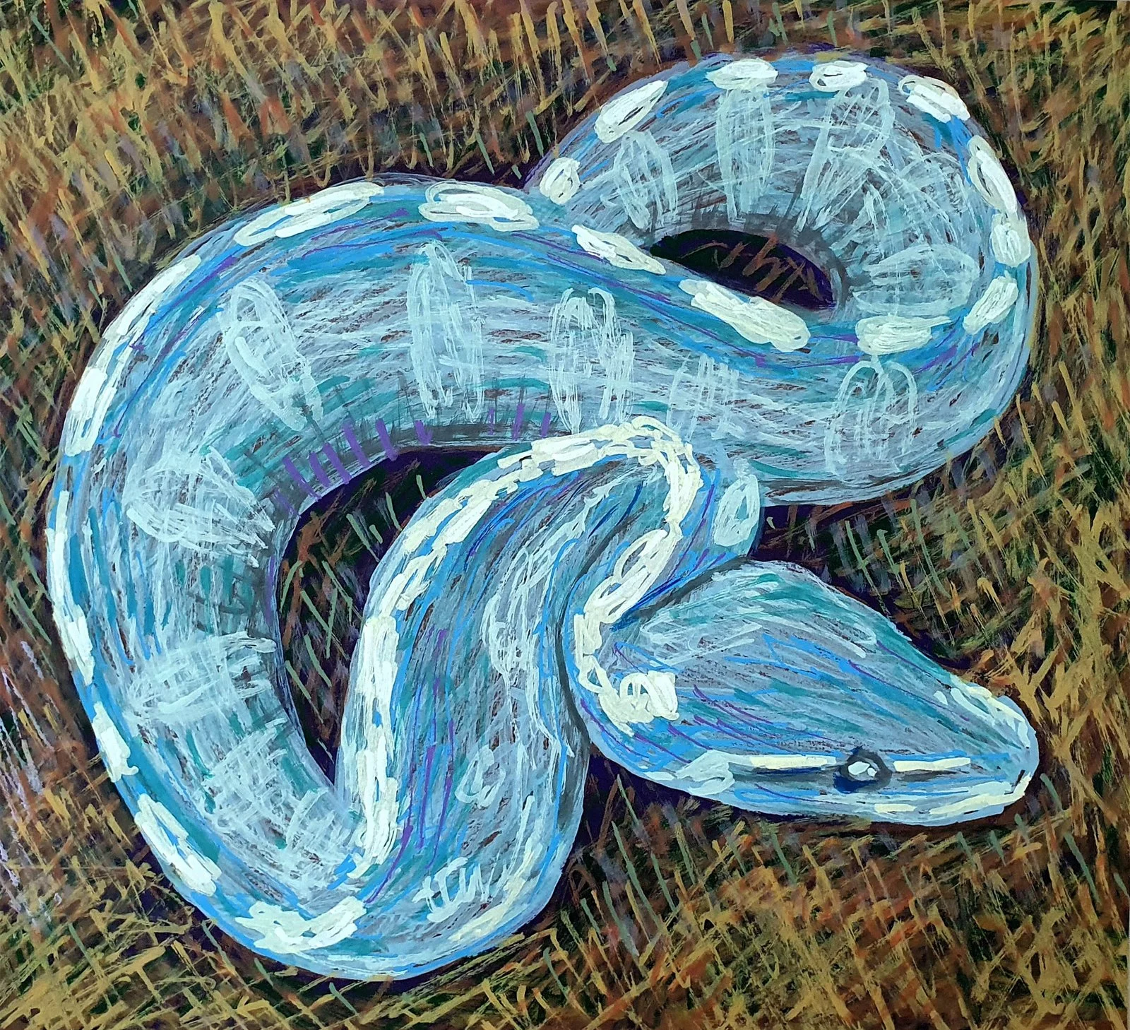 An abstract sketch of a snake on a dark background. This piece uses thin lines and high contrast to create a mysterious, atmospheric feel.