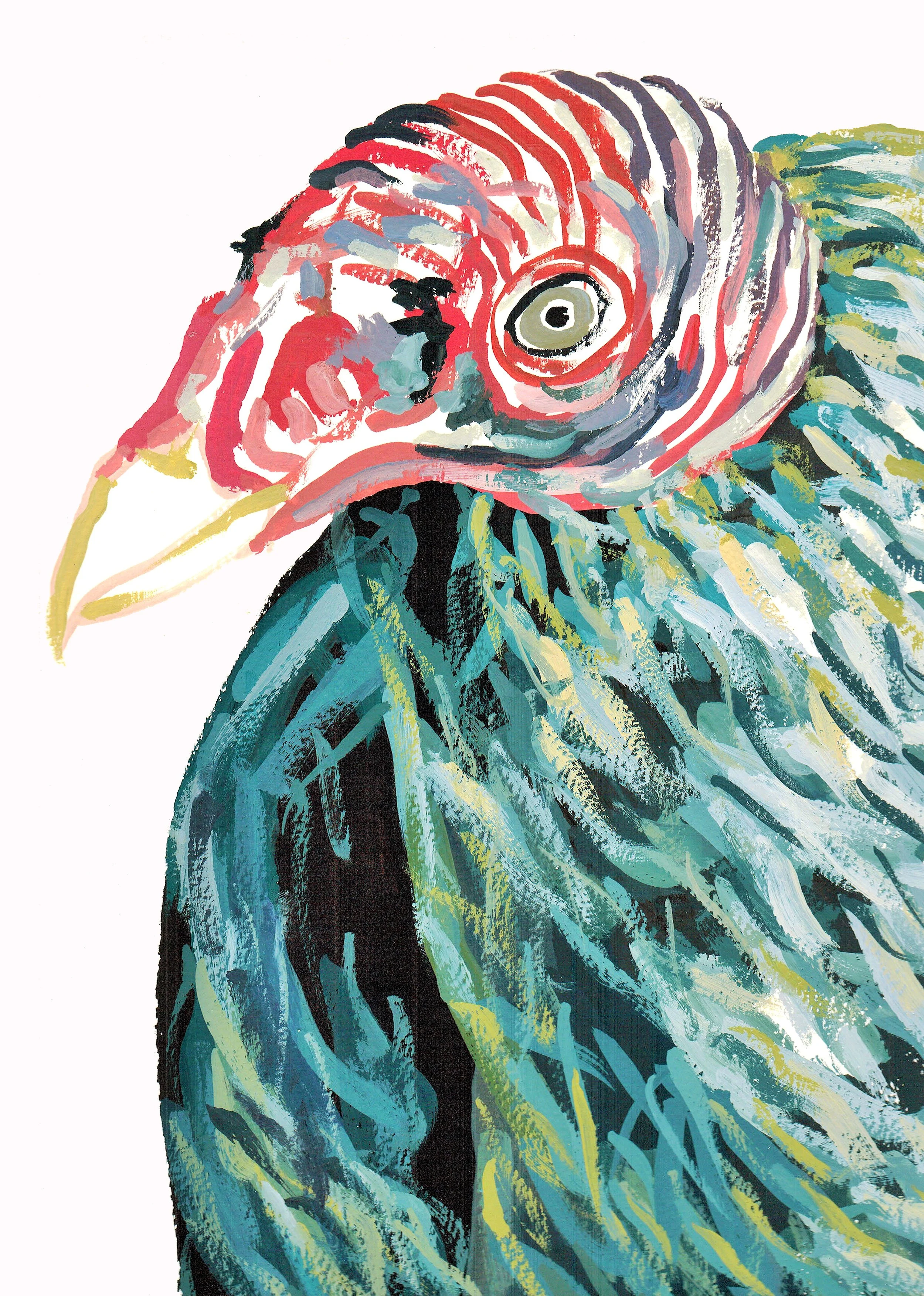 A colorful and expressive watercolor painting of a vulture's face, using a wide palette of vivid tones.