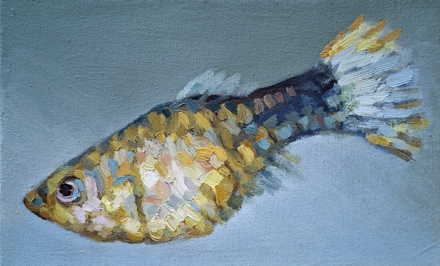 A vibrant illustration of a blue and yellow guppy fish, capturing the fluid motion and delicate fins in an artistic style.