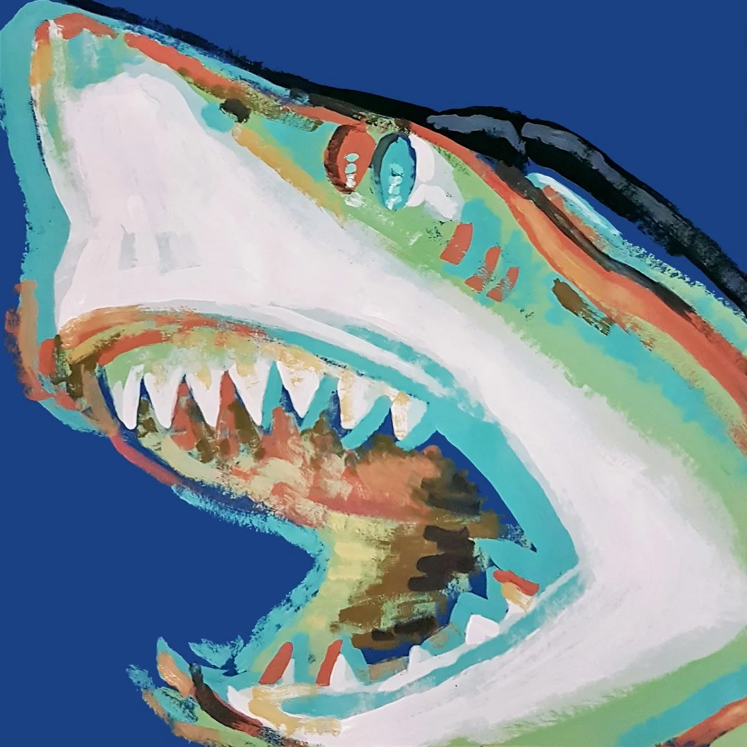 Abstract blue shark painting, vibrant animal acrylic art on canvas by Roi Pajursky.