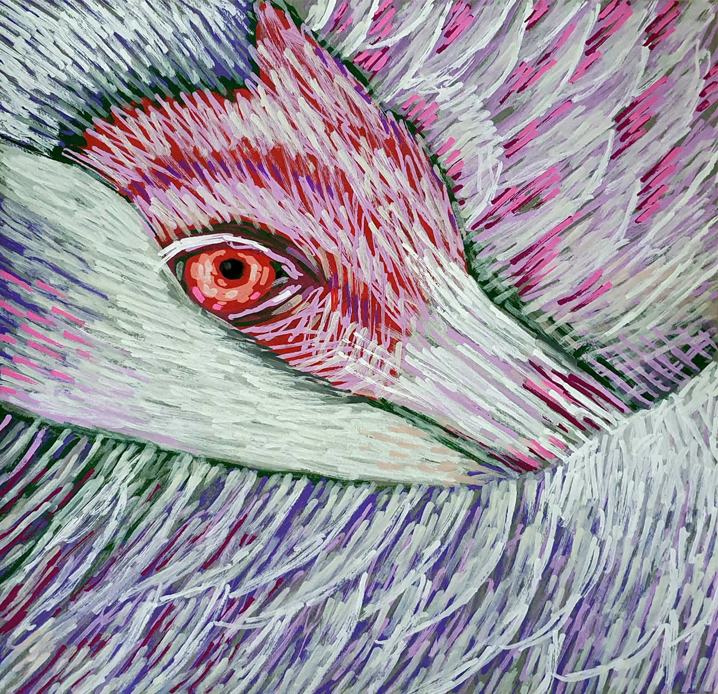 Surrealist illustration of a subtle pink and purple crane. This piece exploring themes of mystery and the subconscious.