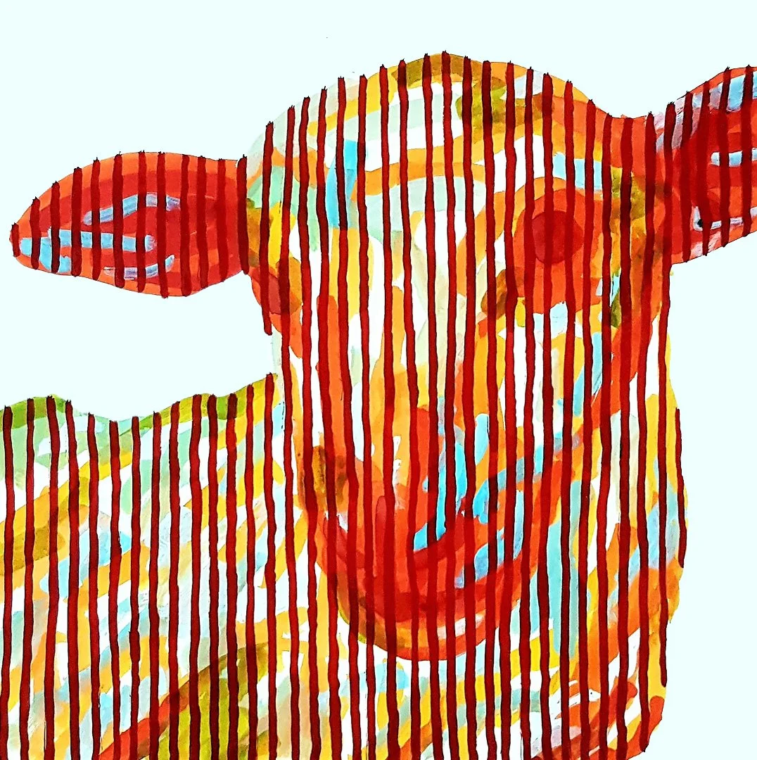 A surreal illustration of a sheep composed of orange and blue vertical stripes. This piece uses linear patterns to create a sense of depth and organic form.
