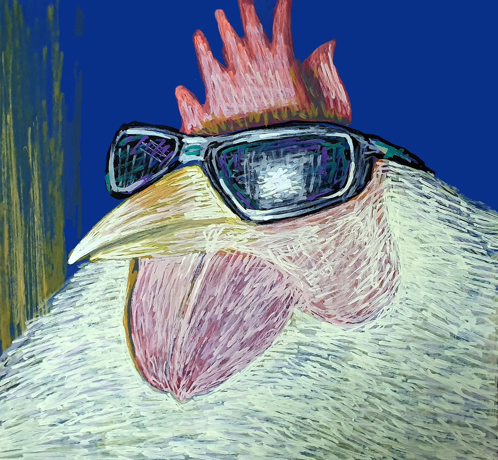 Whimsical painting of a chicken face with colorful glasses. A playful, pop-art inspired portrait featuring bold outlines and vibrant character design.