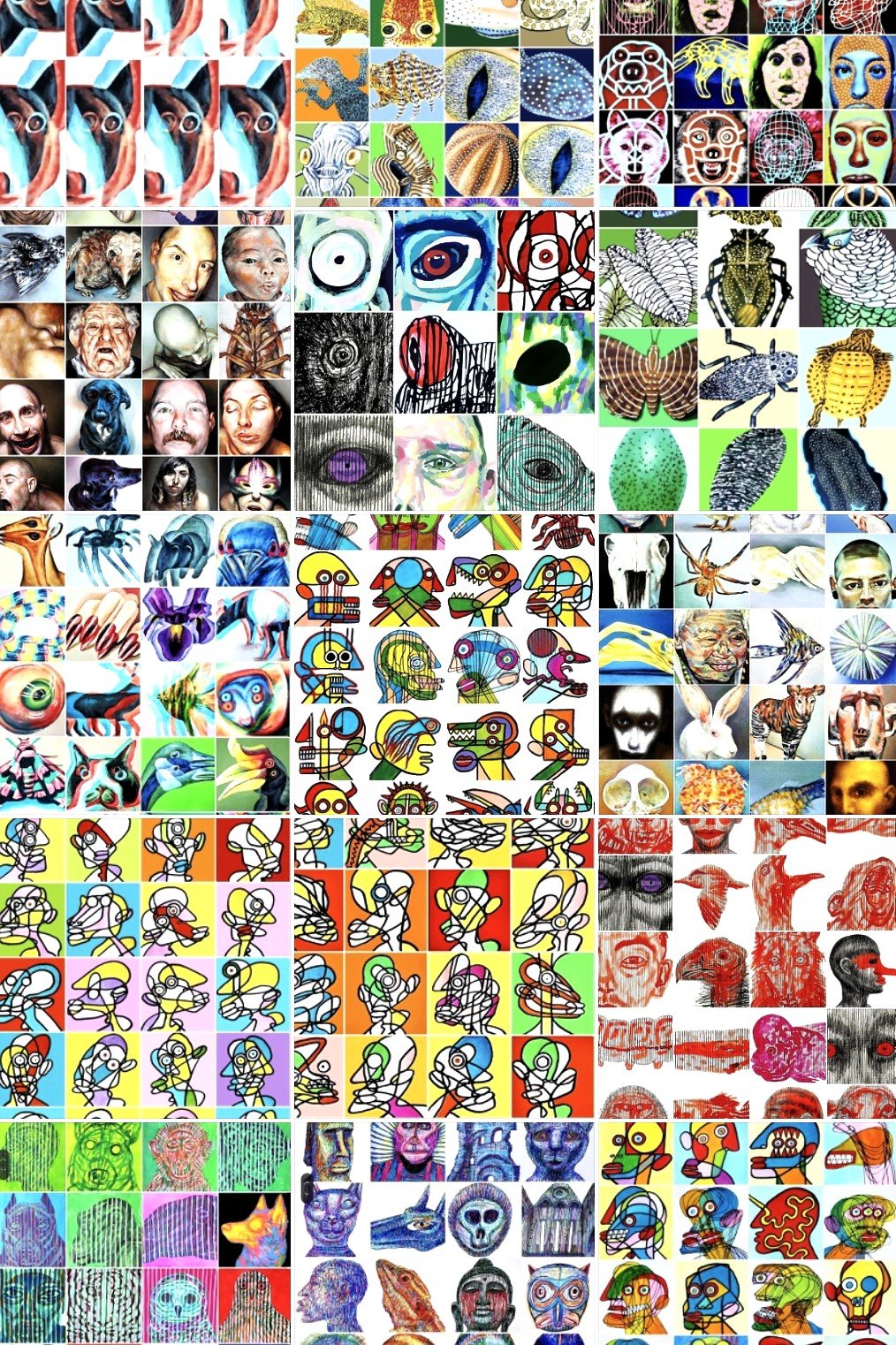 A comprehensive art collage by Roi Pajursky featuring a grid of original mixed media works, including colorful acrylic portraits, ink sketches, and geometric faces, creating a dense visual experience of artistic obsession and variety.