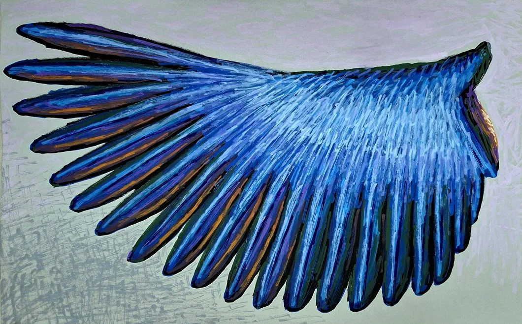 Detailed illustration of a blue wing with a velvet-like texture. This artistic insect study combines natural forms with a surreal, soft aesthetic.