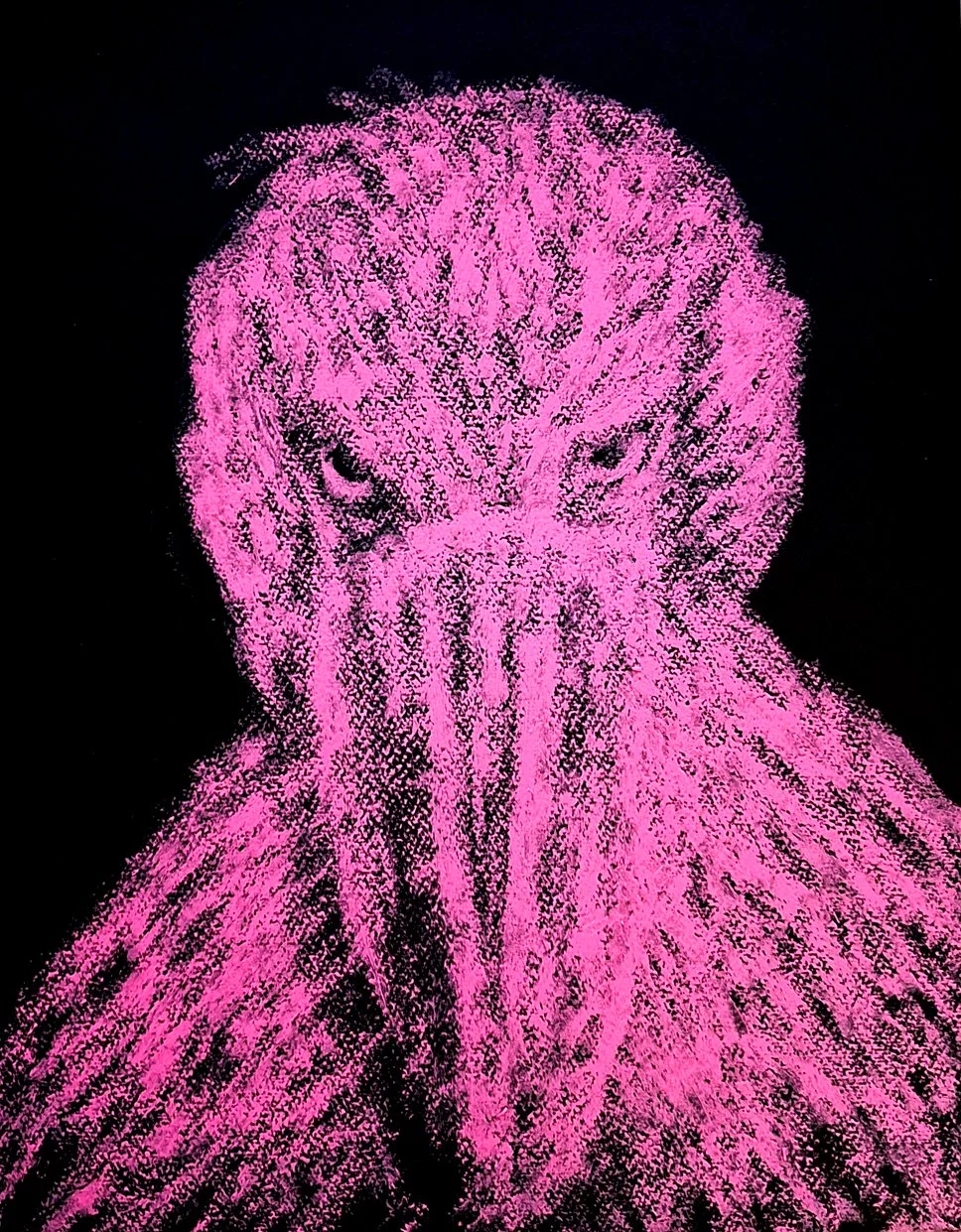 An expressive abstract painting of a shoebill in vibrant red, featuring bold textures and raw emotional energy.