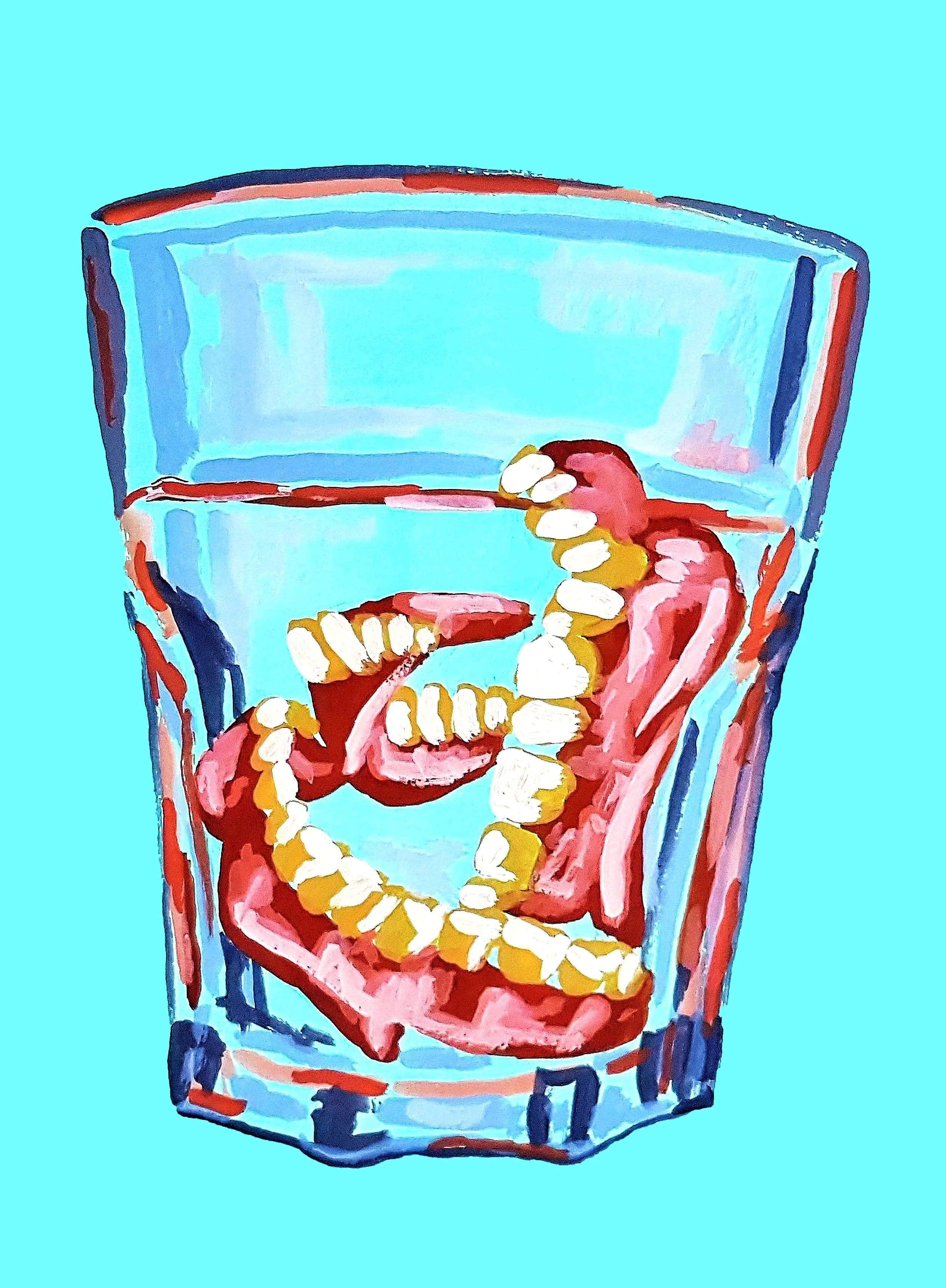 A thought-provoking surrealist false teeth ink piece that reimagines familiar subjects through a dreamlike and often satirical lens.