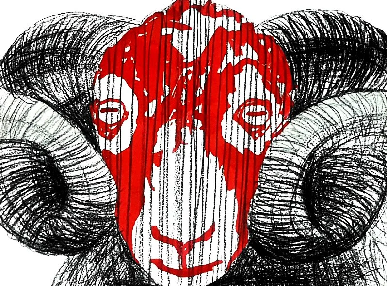 Detailed red ram ink illustration combining realistic anatomy with surreal patterns - Roi Pajursky