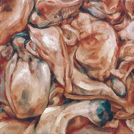 A fascinating oil painting fragment depicting the tangled, organic textures of a squid, focusing on its complex and fluid form.