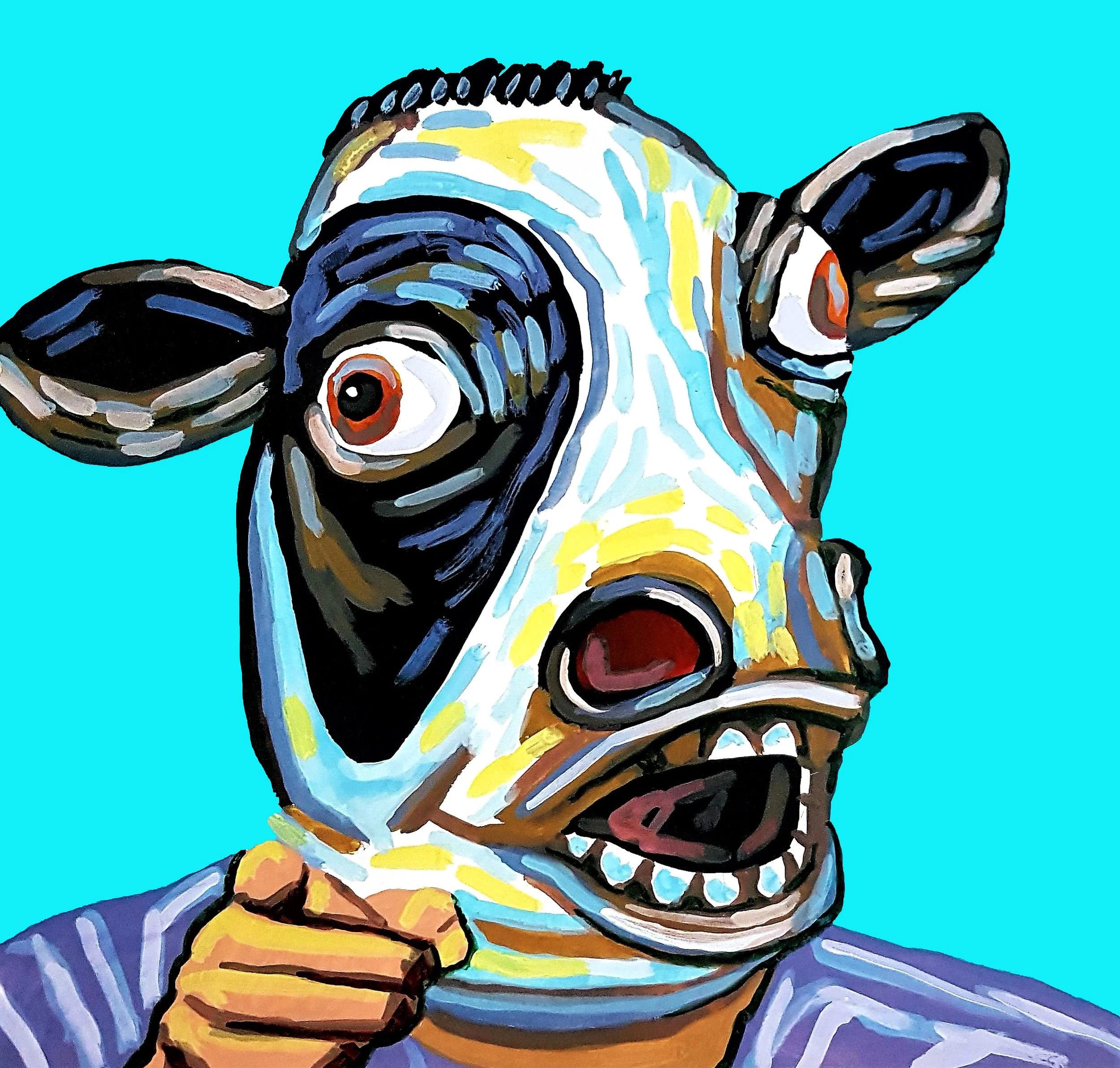 A whimsical cow painting of a colorful mask character, blending pop culture nostalgia with a vibrant, modern artistic style.