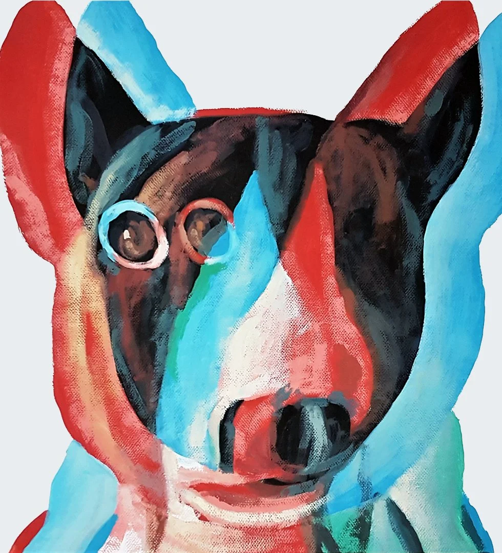Vibrant stylized funny dog portrait, psychedelic contemporary animal art by Roi Pajursky.