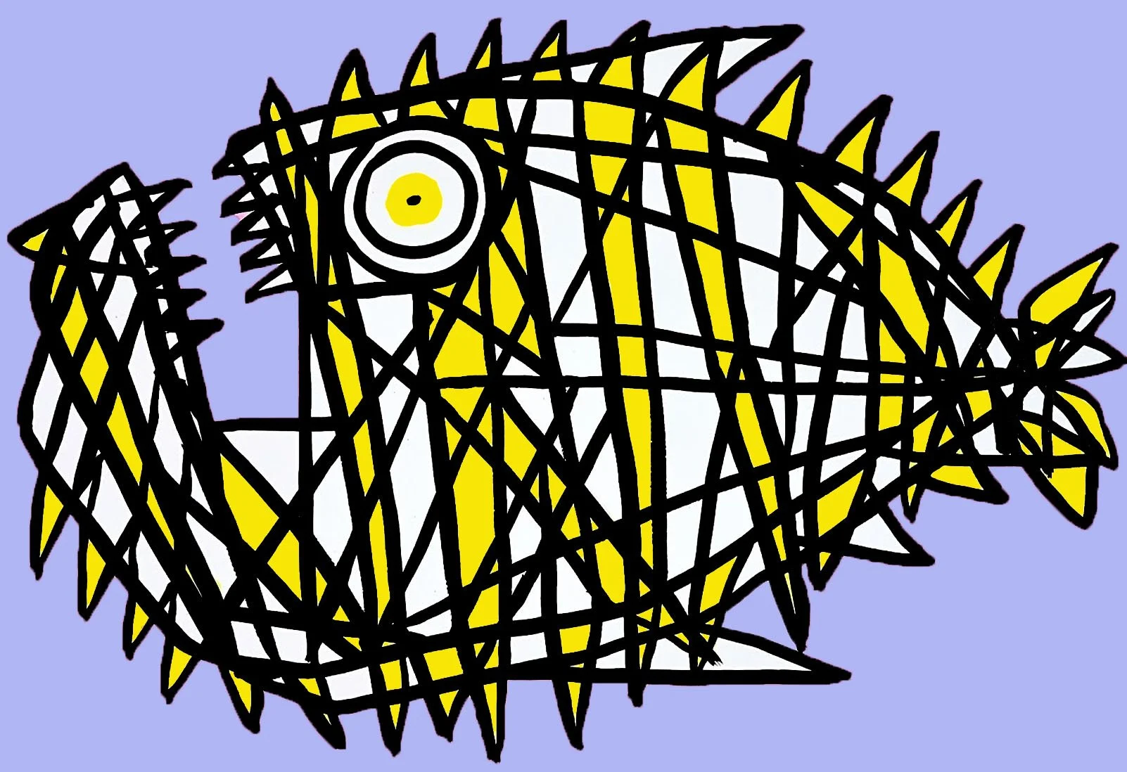 An Egyptian-inspired fishportrait rendered in a sharp, modern geometric style with bold yellow and purple accents.