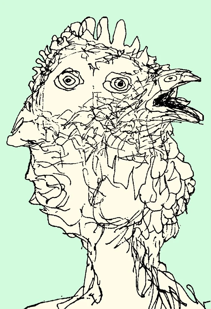 A detailed ink study of a hybrid human face with a beak, showcasing the vertebrae with precise and artistic line work.