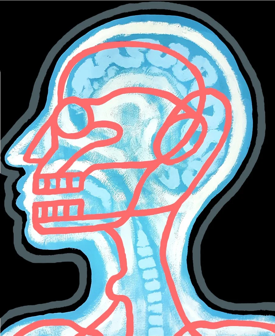 A conceptual art piece showing the human brain and nervous system as a complex, illuminated technological network.