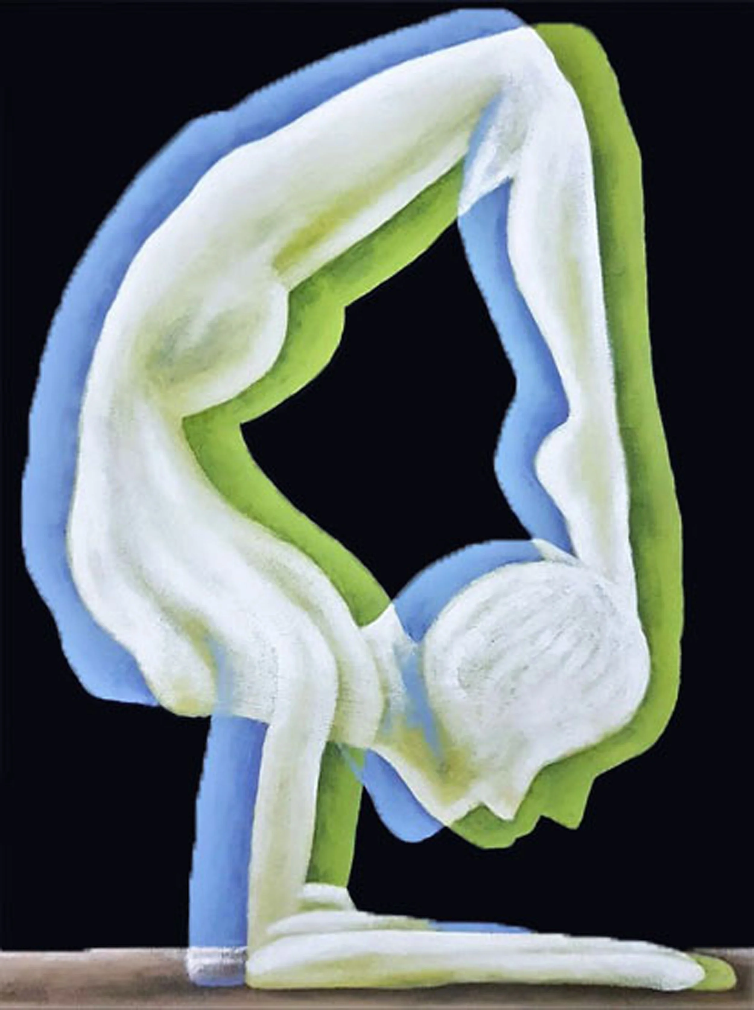 Digital illustration of a female figure in a deep backbend yoga pose (Wheel Pose). The figure is rendered with realistic shadows against a black background, acrylic painting