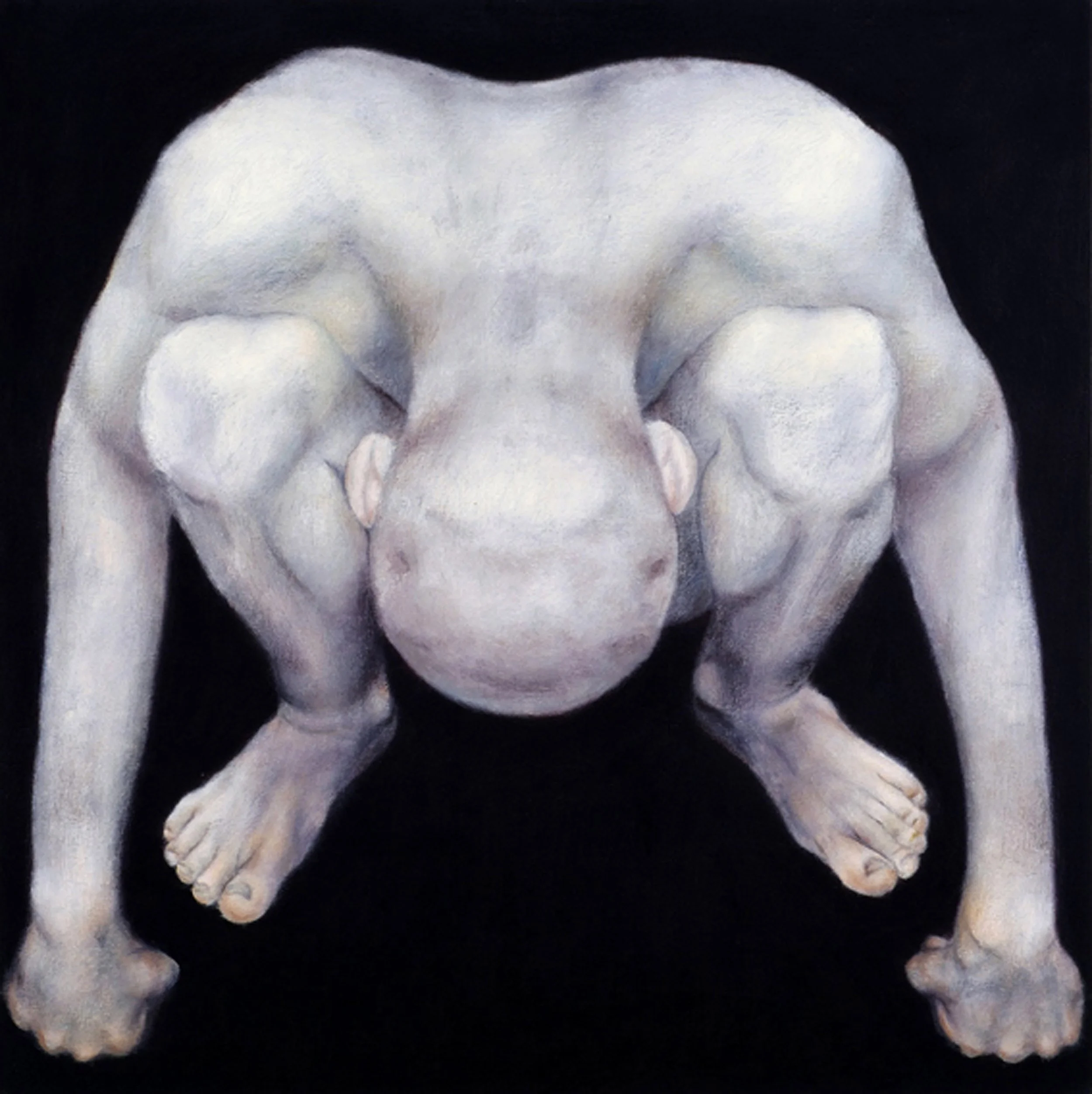 An evocative oil on canvas piece depicting a kneeling figure in a symbolic and structured position
