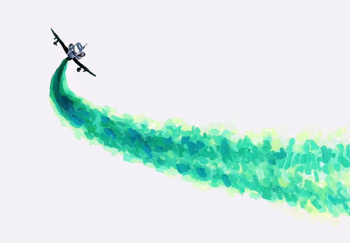 A humorous and charming watercolor painting of agreen smoke from a plane, perfect for lighthearted decor.