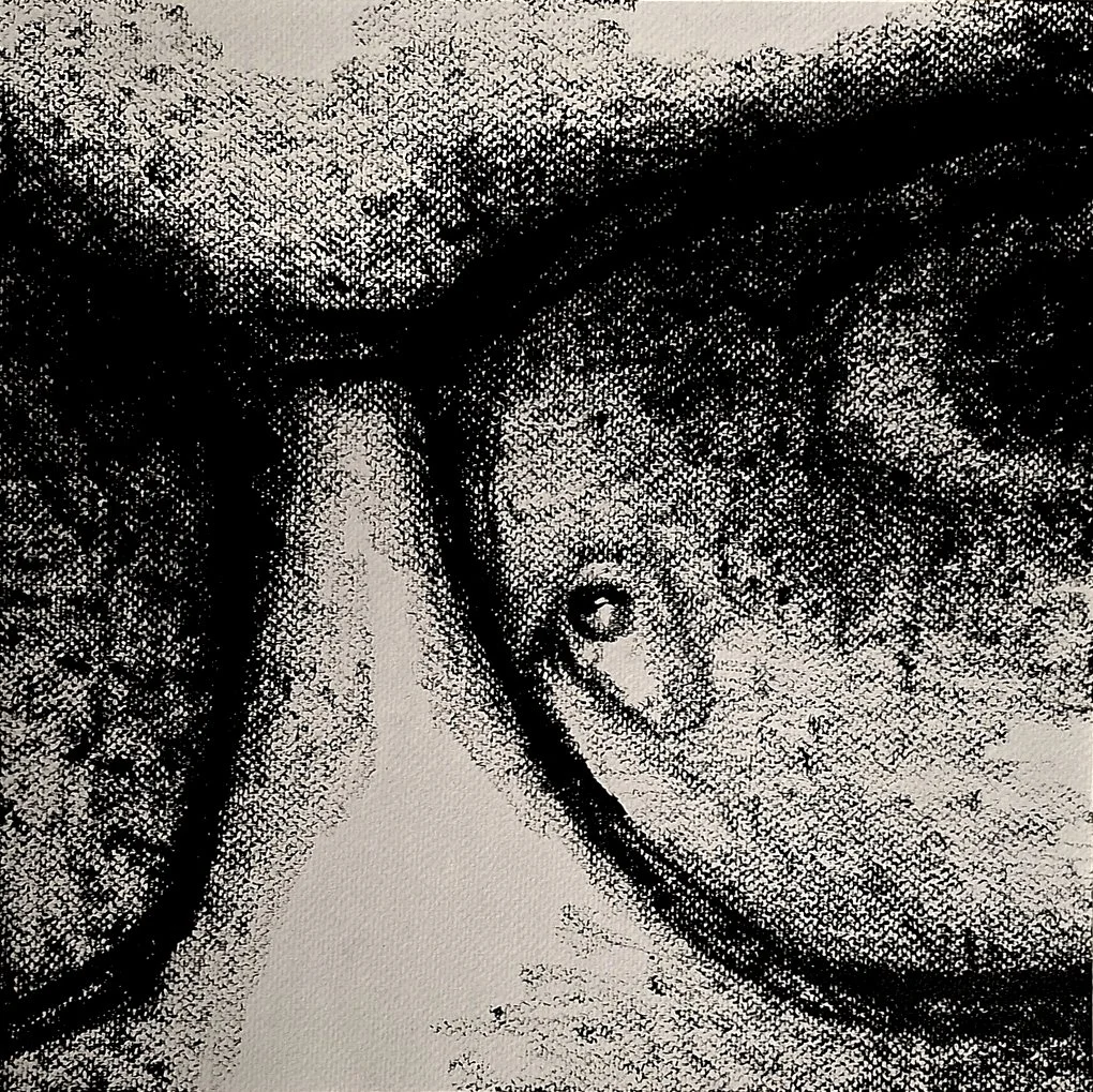 A close-up artistic rendering of eyes behind glasses, focusing on detail and human expression.
