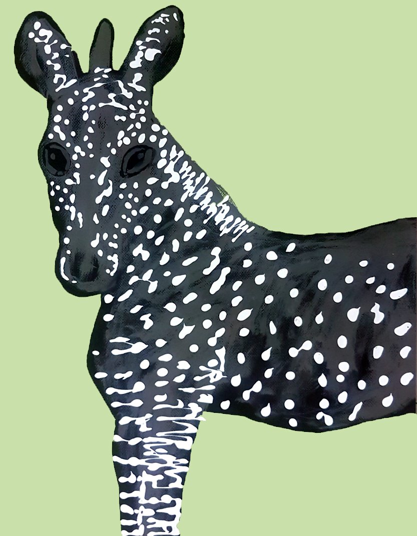 A captivating Pop Art zebra study featuring a unique dotted pattern. This original painting by Roi Pajursky explores animal forms through rhythmic textures and high-contrast design.