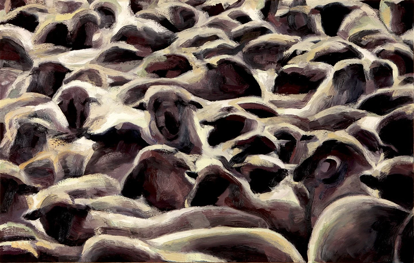 A textured oil fragment depicting the dense, woolly fleece of a sheep, using monochromatic tones to emphasize depth and volume.