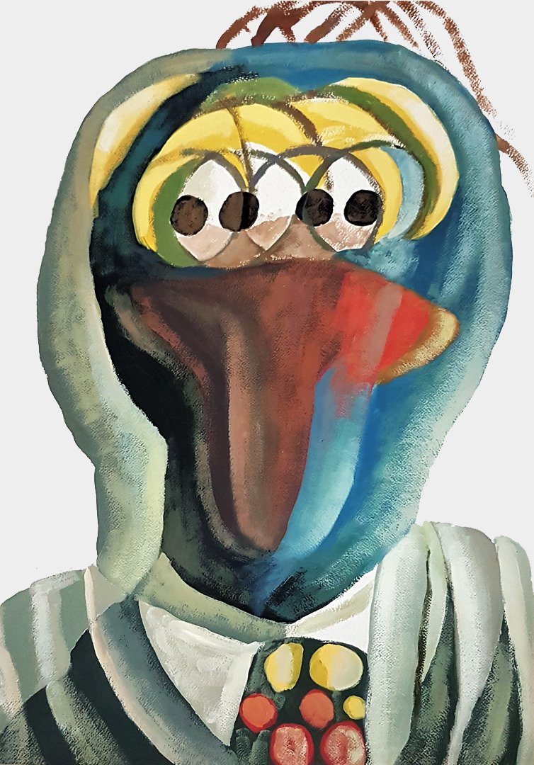 Expressionist blue humanoid muppet figure, modern figurative painting by Roi Pajursky.