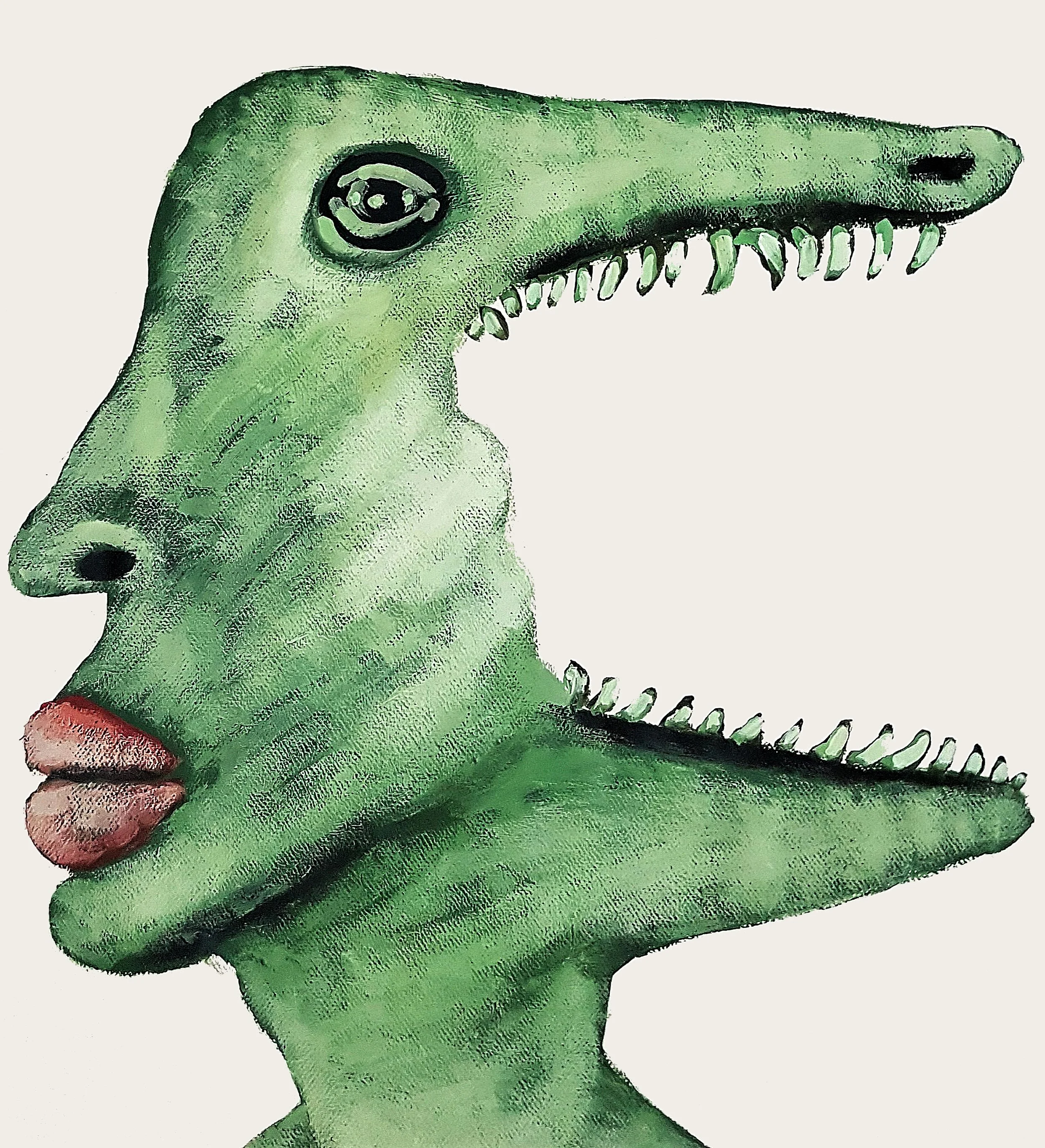 A skeletal-style portrait of a half-man half-eligator, blending tribal elements with a unique anatomical perspective.