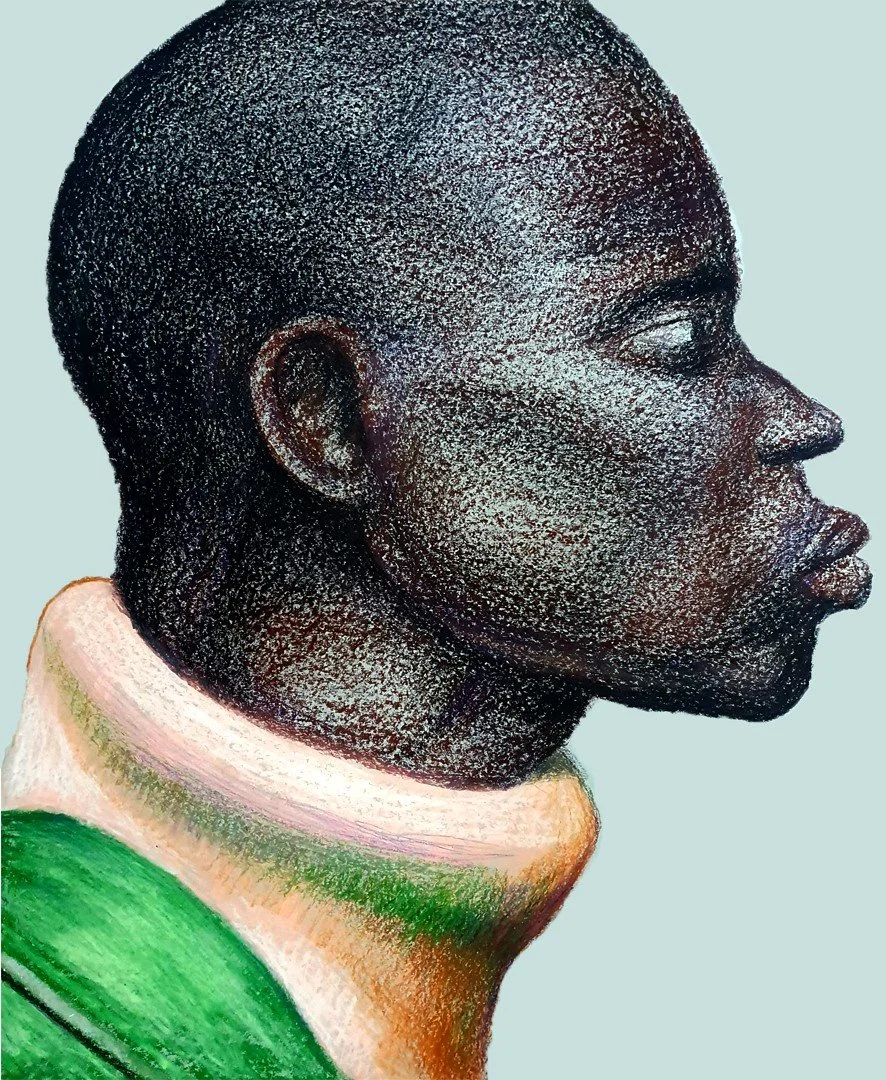 A sensitive and detailed profile portrait of an African man, rendered in professional pastel techniques.