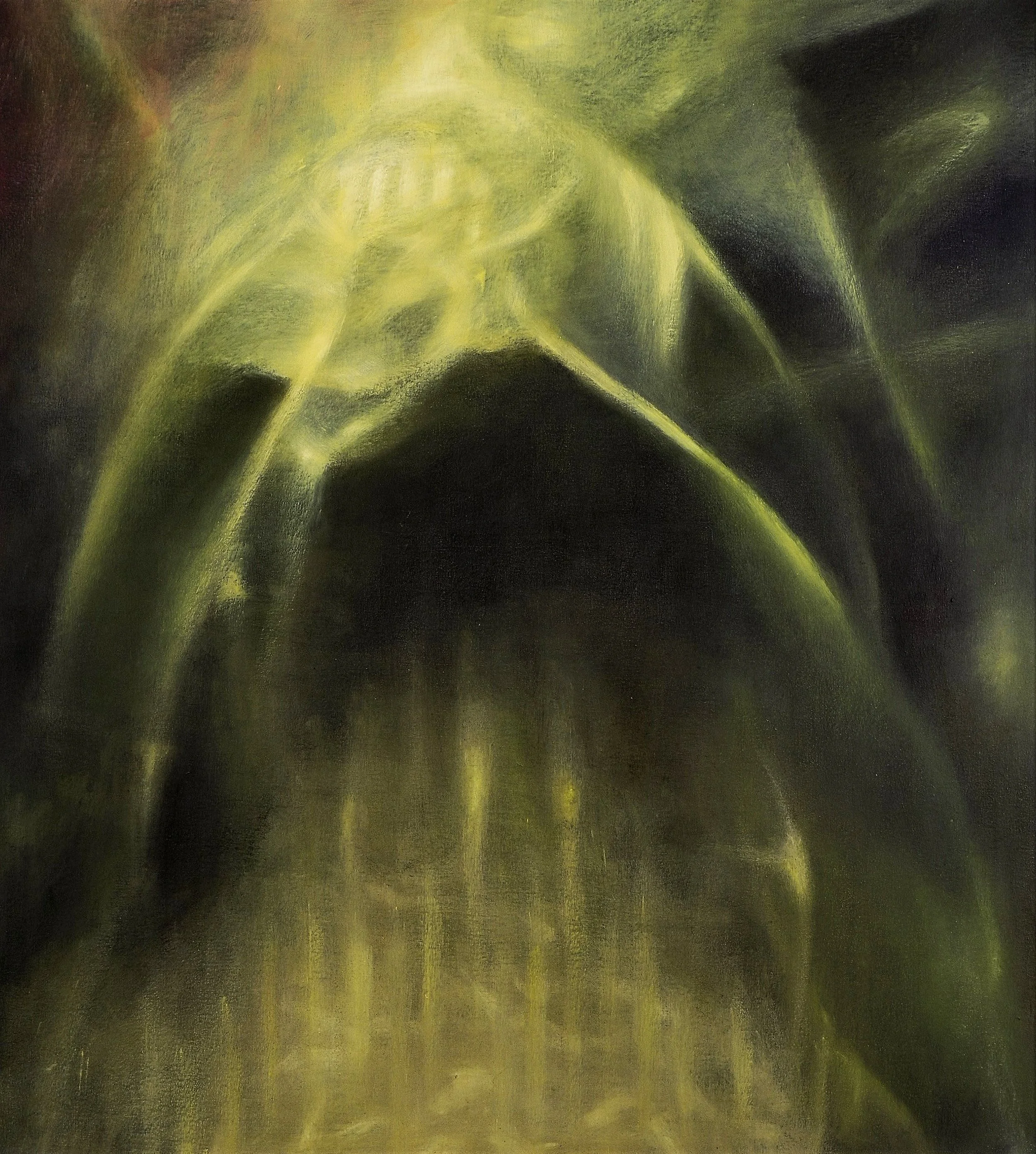 A vibrant abstract oil painting fragment featuring ethereal green and yellow light patterns against a deep, dark background.