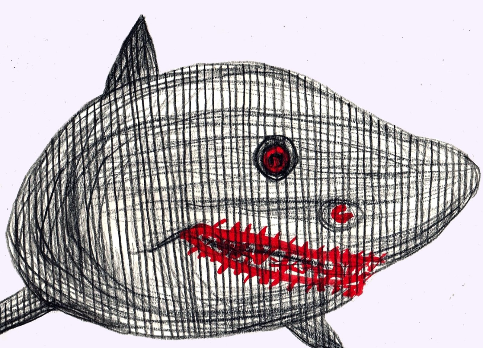 Surreal figurative ink drawing with red teeth shark geometric overlays and anatomical details - Roi Pajursky