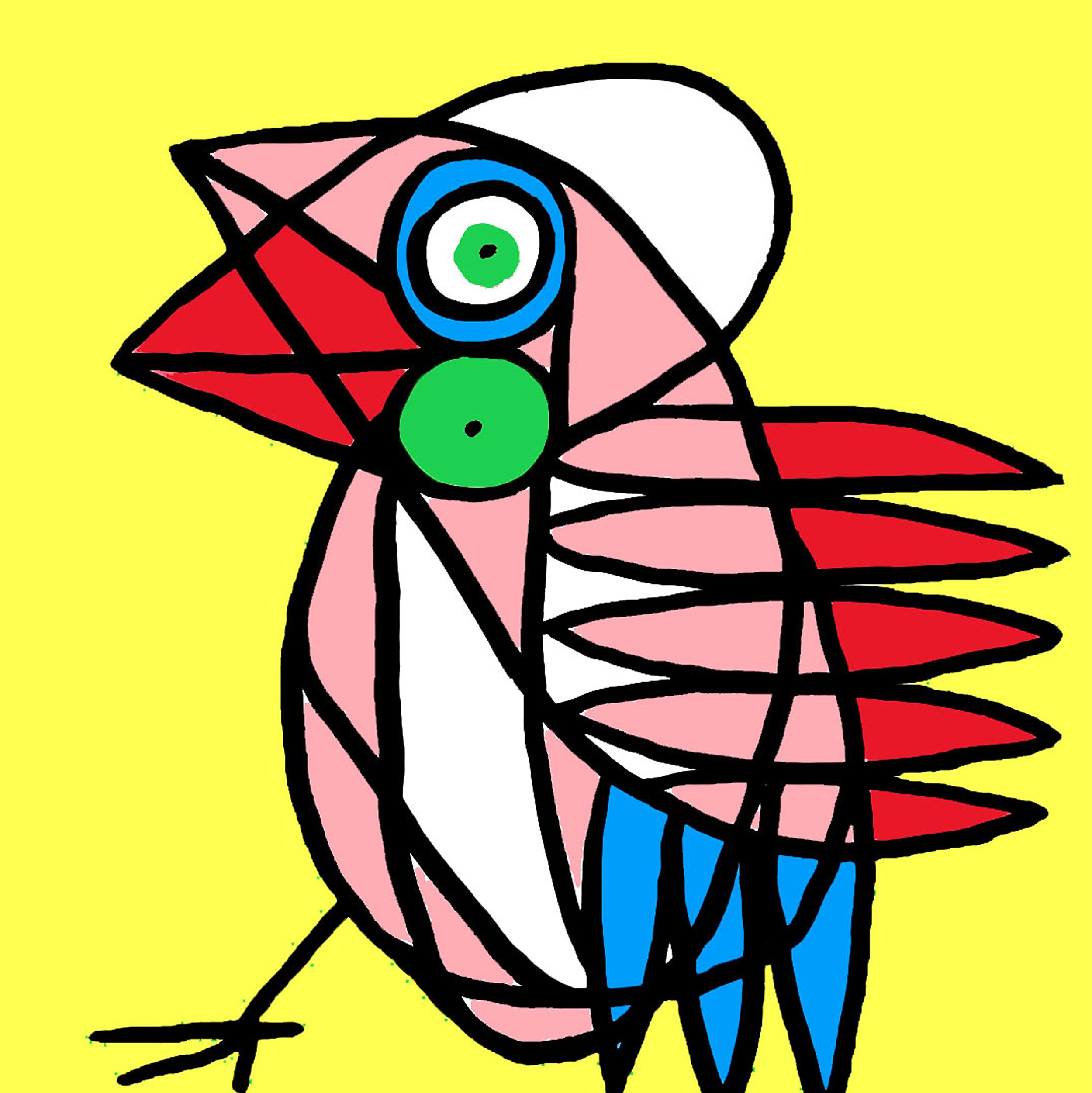 An imaginative bird figure composed of sharp triangular forms and contrasting red and yellow tones.