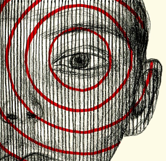 Surreal figurative ink drawing with red geometric overlays and anatomical details - Roi Pajursky