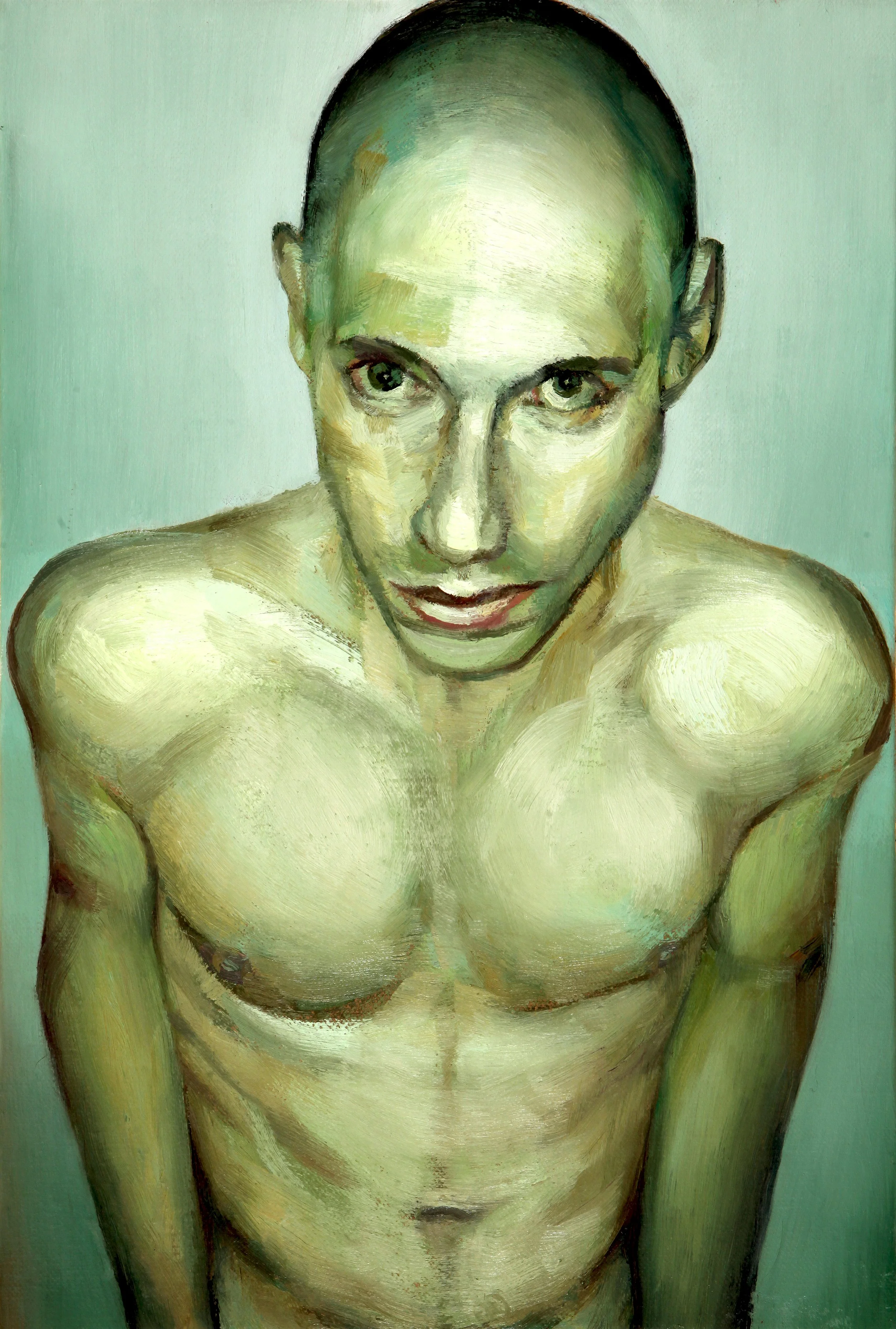 An evocative oil on canvas piece depicting a green figure in a symbolic and structured position