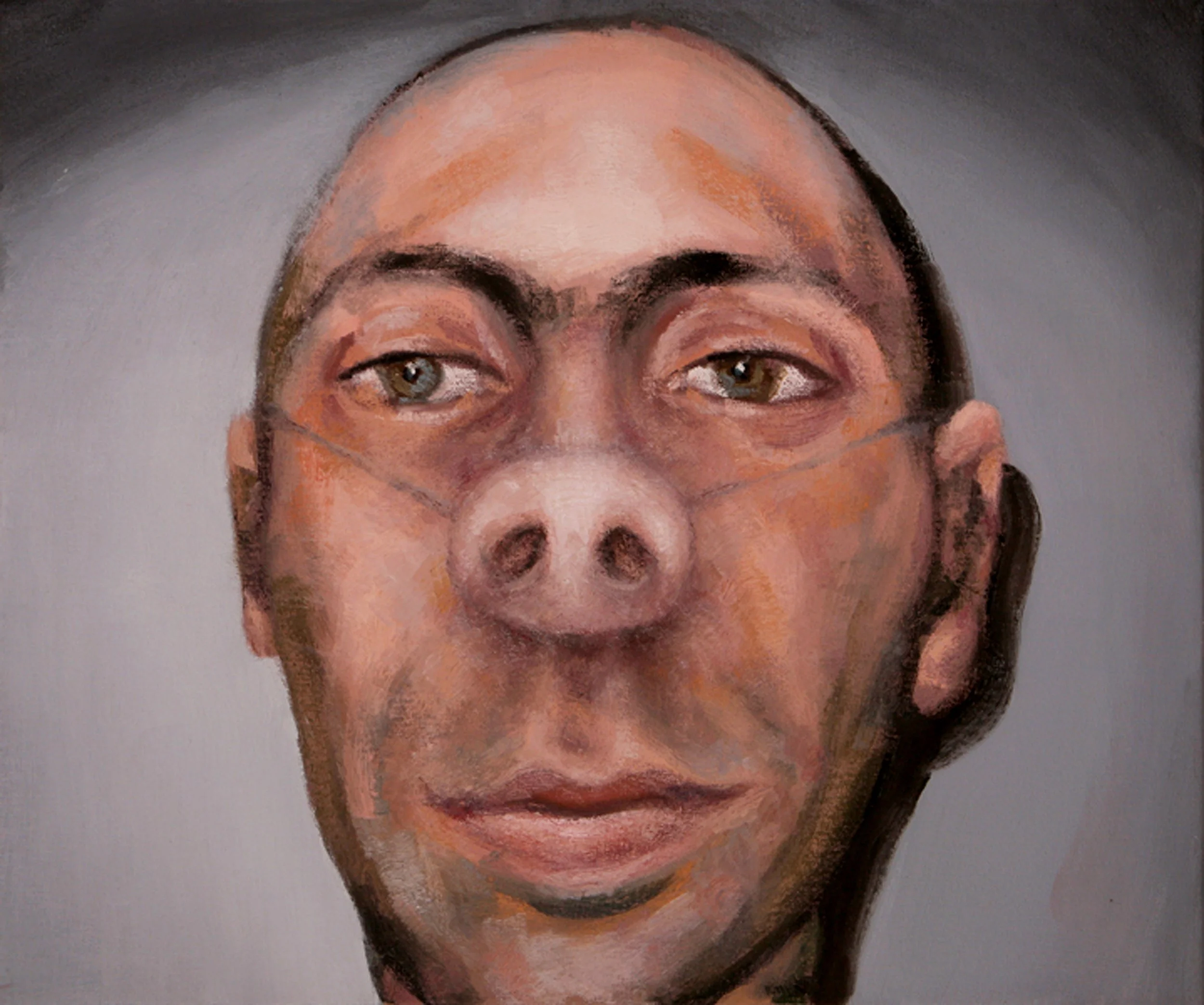 A disturbing portrait study of a man with a pig mask, evoking a sense of calm.