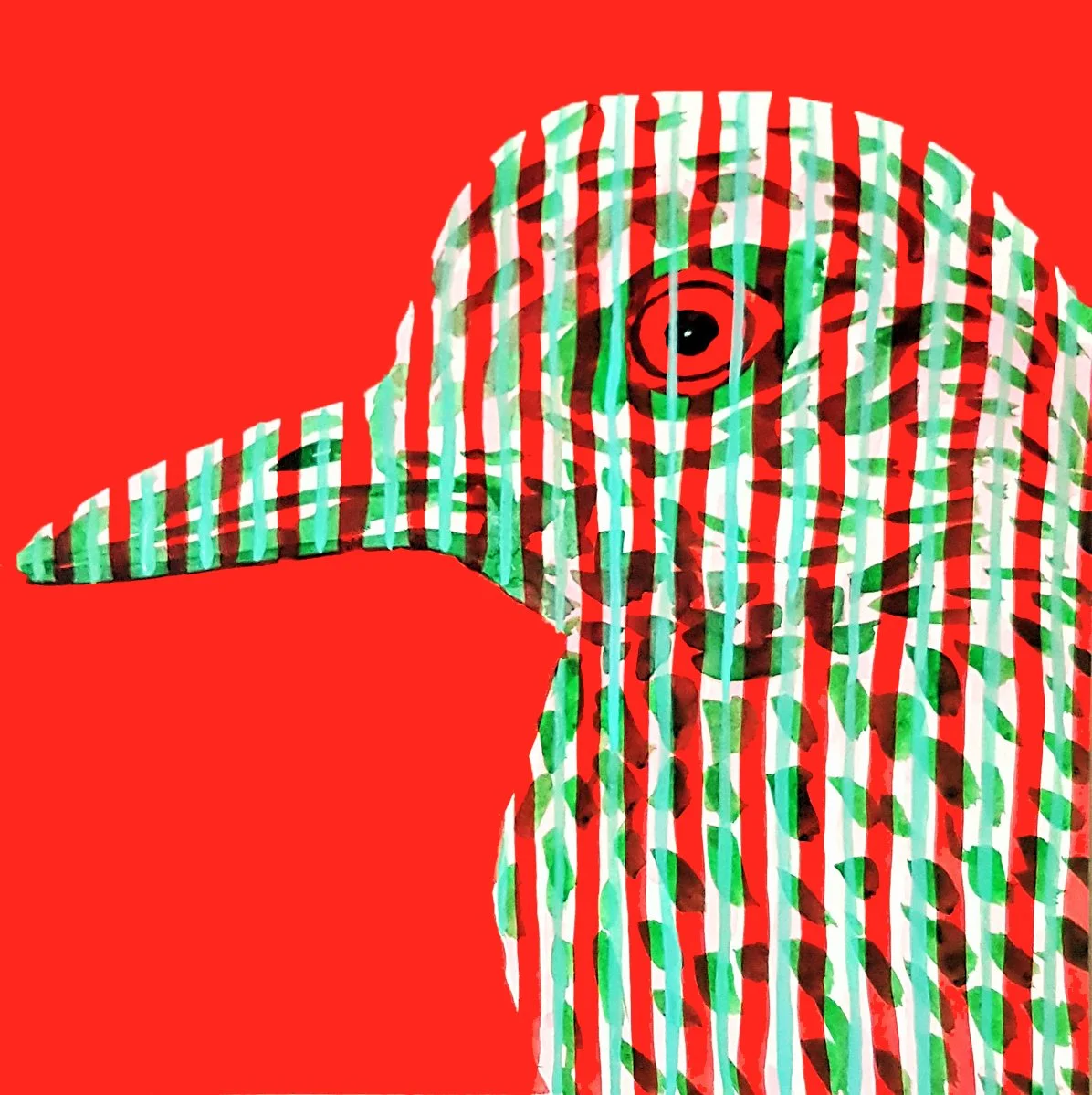 An expressive abstract portrait of a bird created with multicolored vertical stripes against a bold red background. This piece explores the intersection of human form and rhythmic patterns.