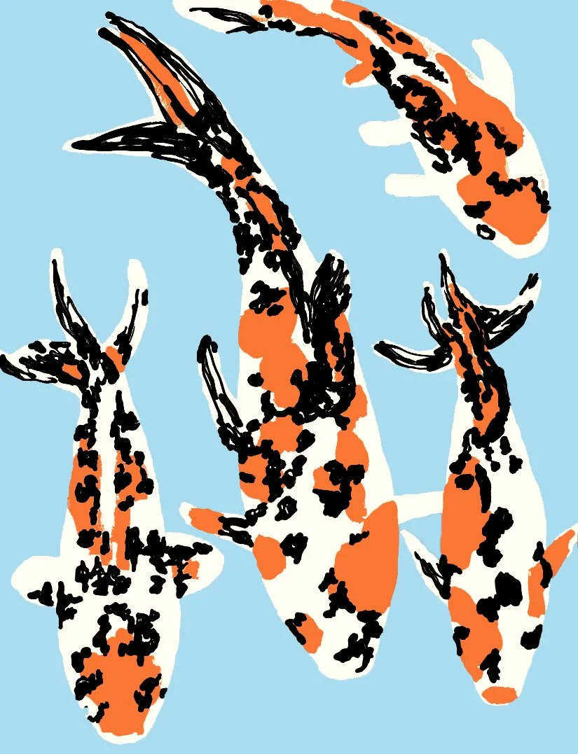 A mysterious and rhythmic abstract painting featuring 3 gold fish integrated into a dense, patterned nature scene