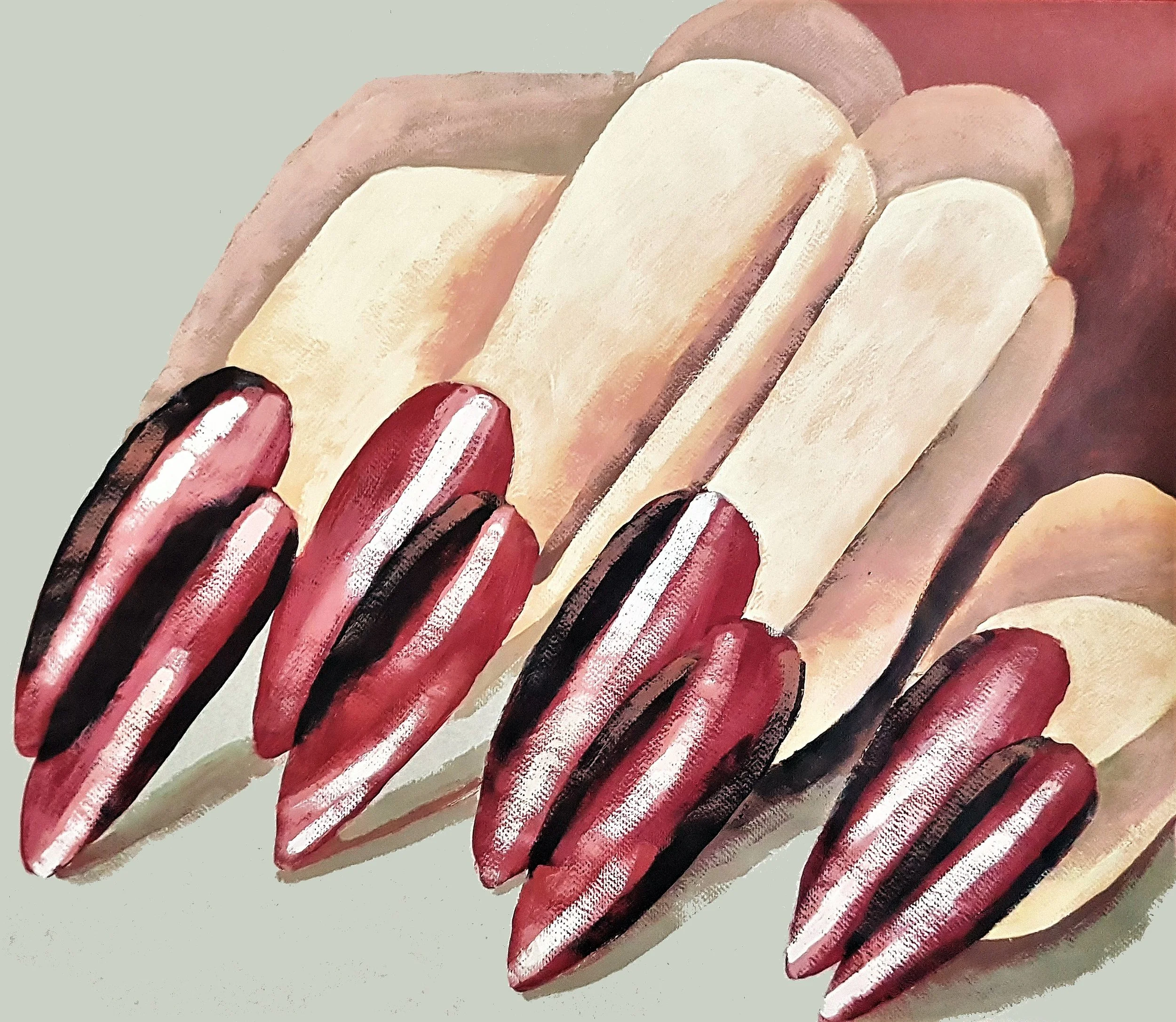 Stylized acrylic painting of long artistic nails, contemporary fashion art - Roi Pajursky.